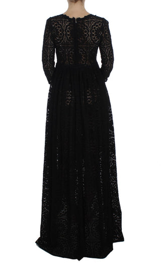 Schwarzes, gestricktes Maxi-Kleid in voller Länge mit Stickerei