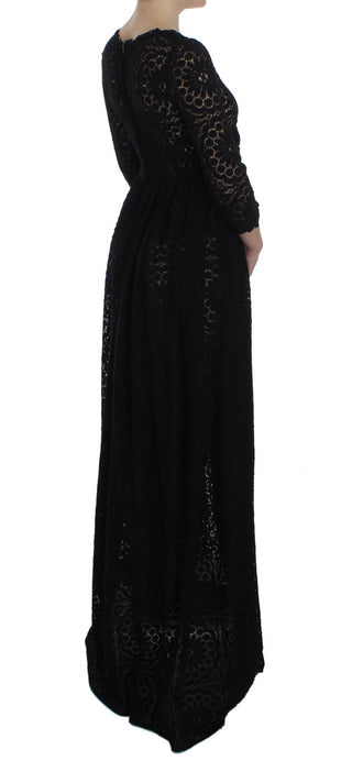 Schwarzes, gestricktes Maxi-Kleid in voller Länge mit Stickerei