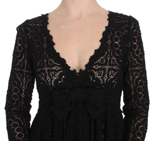 Schwarzes, gestricktes Maxi-Kleid in voller Länge mit Stickerei