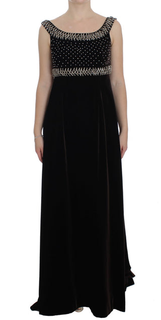 Vestido de gala de terciopelo marrón con cristal