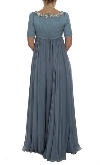Vestido de gala de tubo de seda azul con cristal