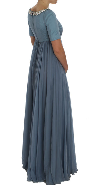 Vestido de gala de tubo de seda azul con cristal