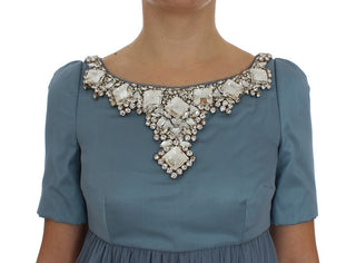 Vestido de gala de tubo de seda azul con cristal