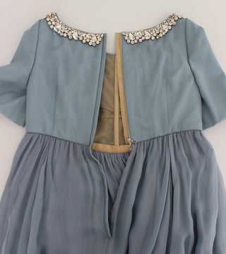 Vestido de gala de tubo de seda azul con cristal