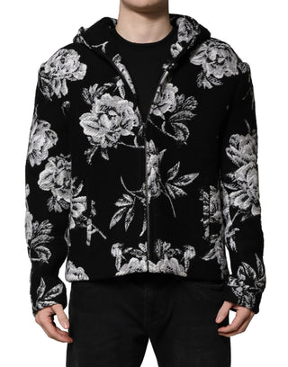 Chaqueta con capucha para hombre de lana negra con estampado floral