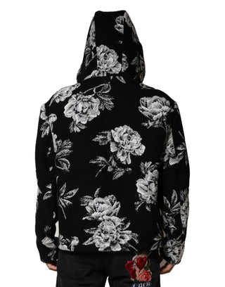 Chaqueta con capucha para hombre de lana negra con estampado floral