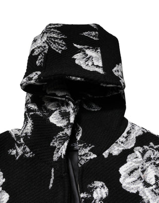Chaqueta con capucha para hombre de lana negra con estampado floral