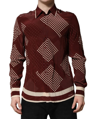 Camisa casual de seda burdeos con lunares y manga larga