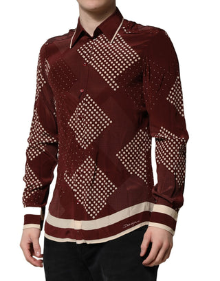 Camisa casual de seda burdeos con lunares y manga larga