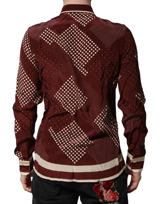 Camisa casual de seda burdeos con lunares y manga larga