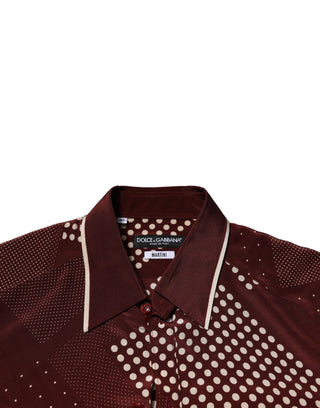 Camisa casual de seda burdeos con lunares y manga larga