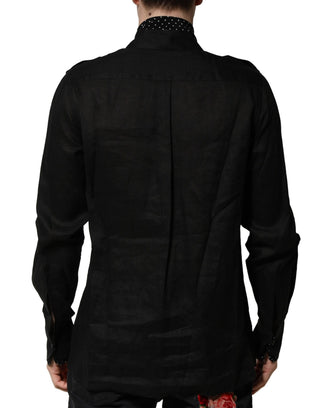 Camisa casual para hombre de lino y seda negra con lunares