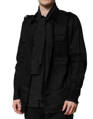 Camisa casual para hombre de lino y seda negra con lunares