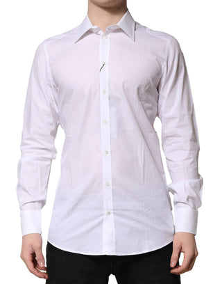 Camisa formal blanca de algodón con manga larga y detalles dorados  