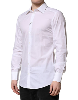 Camisa formal blanca de algodón con manga larga y detalles dorados  