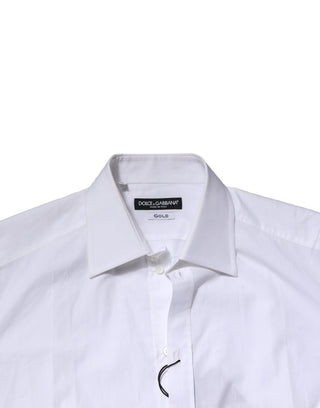 Camisa formal blanca de algodón con manga larga y detalles dorados  
