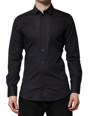 Camisa formal de vestir azul de algodón con detalles dorados y manga larga  