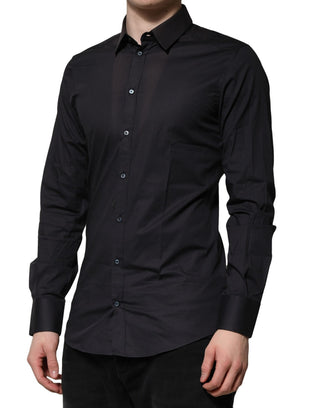 Camisa formal de vestir azul de algodón con detalles dorados y manga larga  