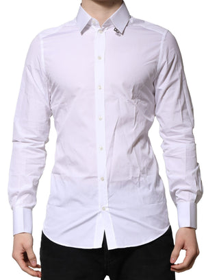 Camisa formal de vestir blanca de algodón con manga larga y detalles dorados  