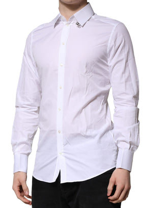 Camisa formal de vestir blanca de algodón con manga larga y detalles dorados  