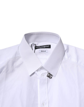 Camisa formal de vestir blanca de algodón con manga larga y detalles dorados  