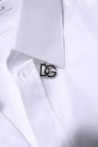 Camisa formal de vestir blanca de algodón con manga larga y detalles dorados  