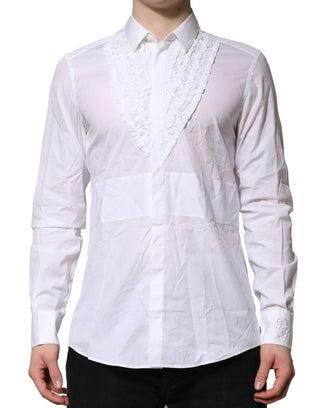 Camisa formal blanca de algodón con detalles de volantes  