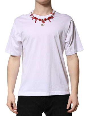 White Embellished Cotton Crew Neck T-shirt