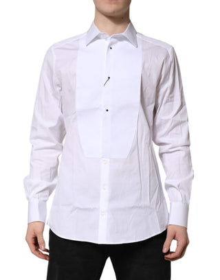 Camisa formal para hombre de popelina con pechera de seda blanca y detalles dorados
