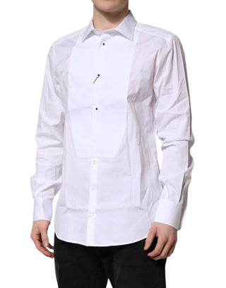 Camisa formal para hombre de popelina con pechera de seda blanca y detalles dorados