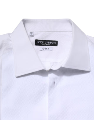 Camisa formal para hombre de popelina con pechera de seda blanca y detalles dorados