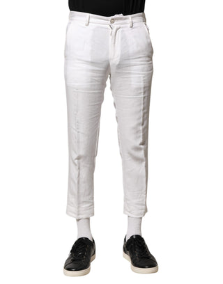 Weiße Leinen-Cropped-Hose mit mittlerer Bundhöhe