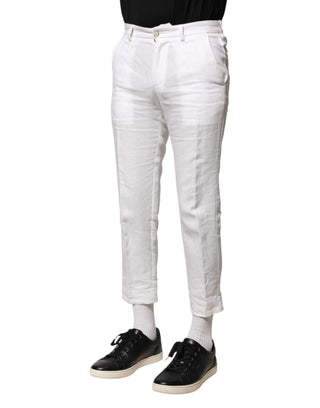 Weiße Leinen-Cropped-Hose mit mittlerer Bundhöhe