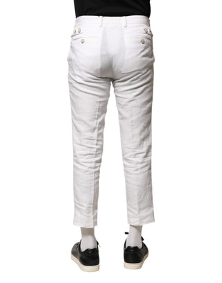 Weiße Leinen-Cropped-Hose mit mittlerer Bundhöhe
