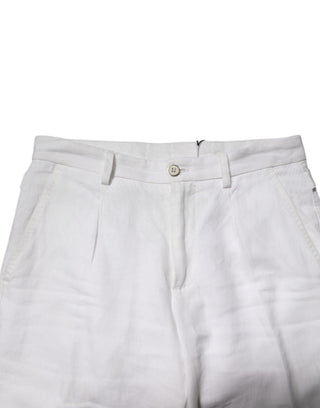 Weiße Leinen-Cropped-Hose mit mittlerer Bundhöhe