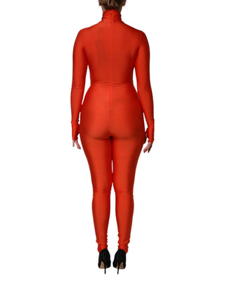 Rot-schwarzer Overall mit Rollkragen und hautengem Schnitt