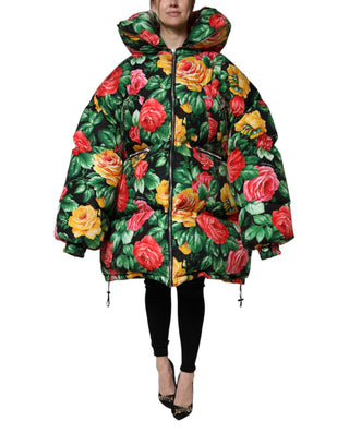Chaqueta acolchada con capucha floral multicolor