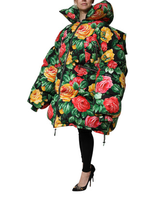 Chaqueta acolchada con capucha floral multicolor