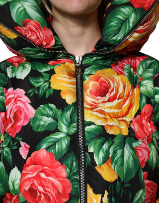 Chaqueta acolchada con capucha floral multicolor