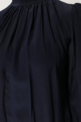 Blue Silk Mock Neck Long Sleeves Blouse Top