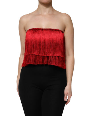 Rotes trägerloses Fransen-Crop-Tube-Top aus Seide