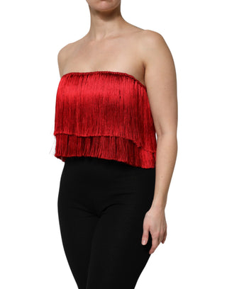 Rotes trägerloses Fransen-Crop-Tube-Top aus Seide