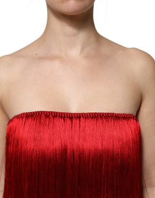 Rotes trägerloses Fransen-Crop-Tube-Top aus Seide
