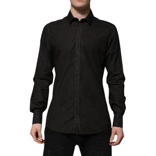 Schwarzes Baumwoll-Jacquard-Hemd mit goldenem Kragen