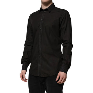 Schwarzes Baumwoll-Jacquard-Hemd mit goldenem Kragen
