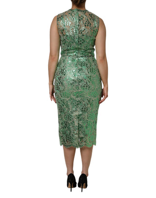 Grünes midi Scheidenkleid aus Baumwolle mit Blumenstickerei