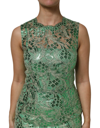 Grünes midi Scheidenkleid aus Baumwolle mit Blumenstickerei