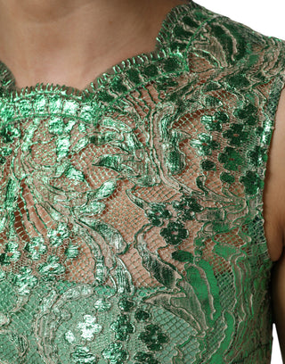 Grünes midi Scheidenkleid aus Baumwolle mit Blumenstickerei
