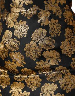 Minirelrock aus schwarzem Jacquard mit Blumenmuster und Golddetails