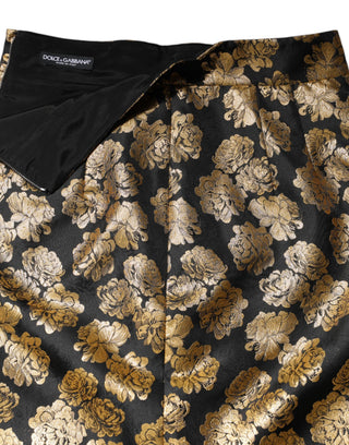 Minirelrock aus schwarzem Jacquard mit Blumenmuster und Golddetails